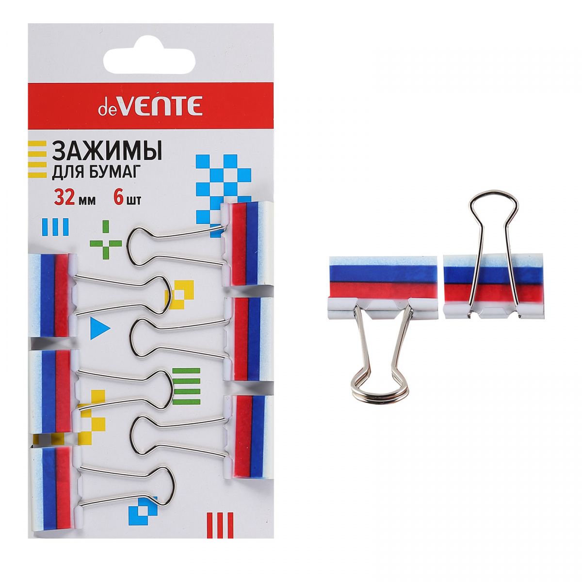 Зажим для бумаг Триколор 32мм набор 6шт deVENTE 4131321 129₽