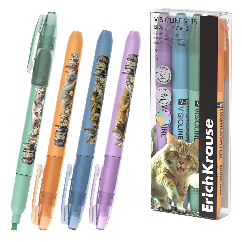 Текстовыделители набор 4цв Visioline V-15 Big City Cats ERICH KRAUSE 63369 267₽