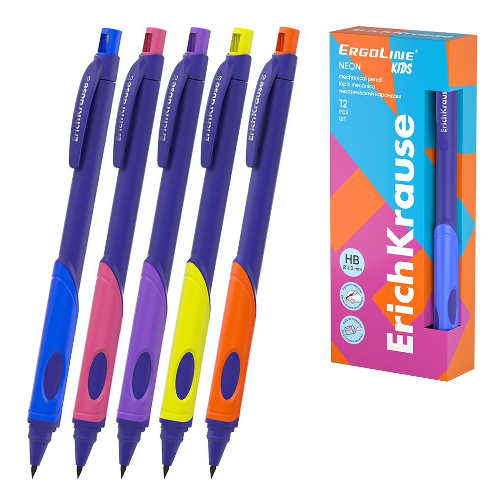 

Карандаш автомат. 2,0мм НВ ErgoLine Kids Neon с точилкой ERICH KRAUSE 63332