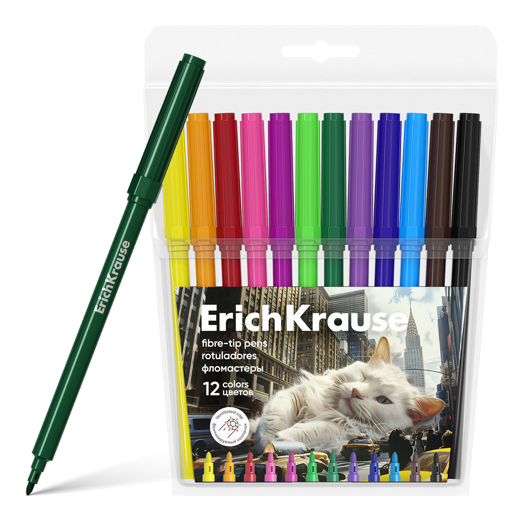 

Фломастеры 12цв круглые пулевид. невент.колпачок пласт. Big City Cats ERICH KRAUSE 62990
