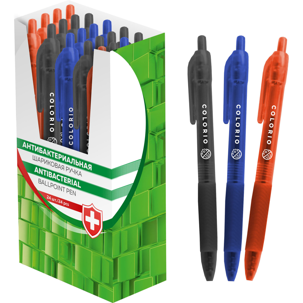 Ручка шариковая автоматическая синяя резиндерж корпус антибакт ассорти Colorio COIB-ANB-AT02-B24 37₽