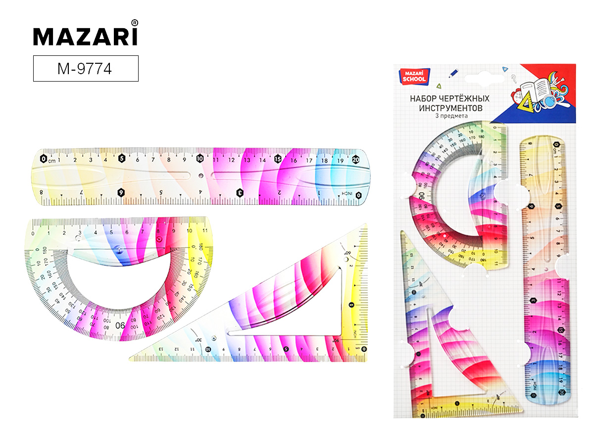Набор геом 3пр средний гибкий линейка 20см угольник транспортир MAZARI M-9774 117₽