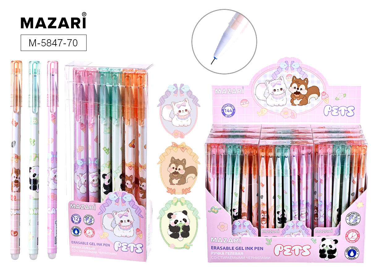 Ручка гелевая синяя 038мм Pets стираемая игольчстерж корпус ассорти MAZARI M-5847-70 28₽