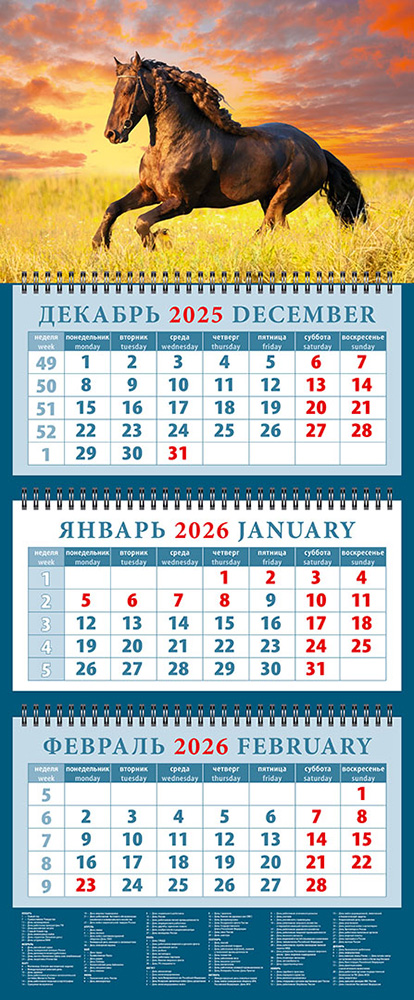 

Календарь 2026 3х-блочный 320х760мм Гребень Год лошади.В лучах закатного солнца День за Днем 14604