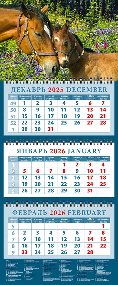 

Календарь 2026 3х-блочный 320х760мм Гребень Год лошади.Нежность День за Днем 14606