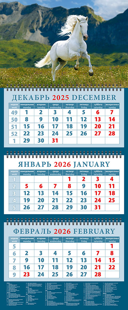 

Календарь 2026 3х-блочный 320х760мм Гребень Год лошади.На фоне гор День за Днем 14609