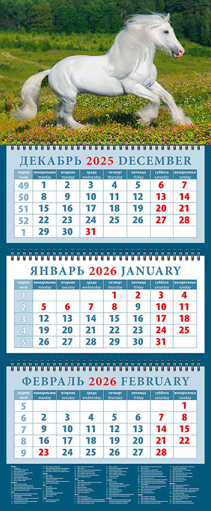 

Календарь 2026 3х-блочный 320х760мм Гребень Год лошади.Белый красавец День за Днем 14613