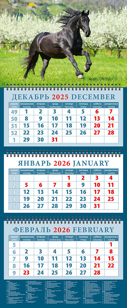 

Календарь 2026 3х-блочный 320х760мм Гребень Год лошади.В весеннем саду День за Днем 14614