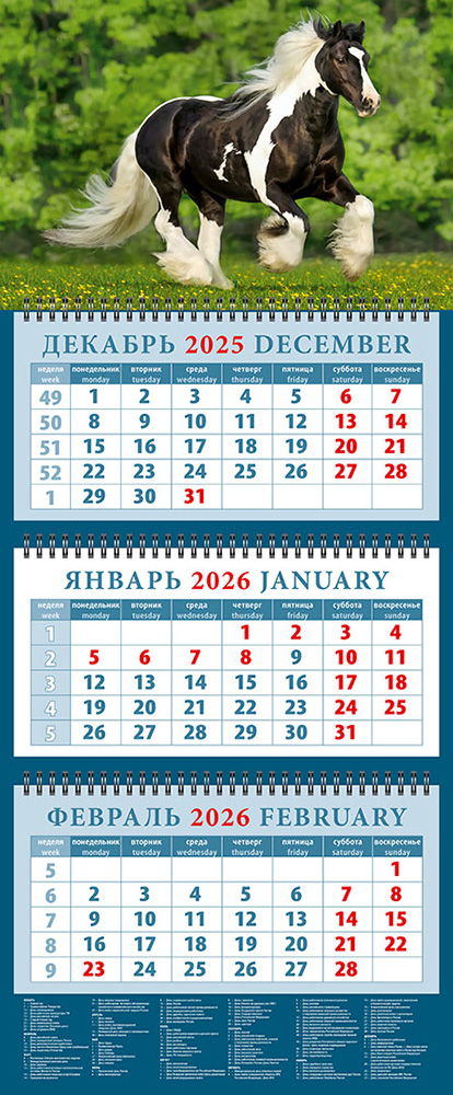

Календарь 2026 3х-блочный 320х760мм Гребень Год лошади.Великолепный жеребец День за Днем 14616