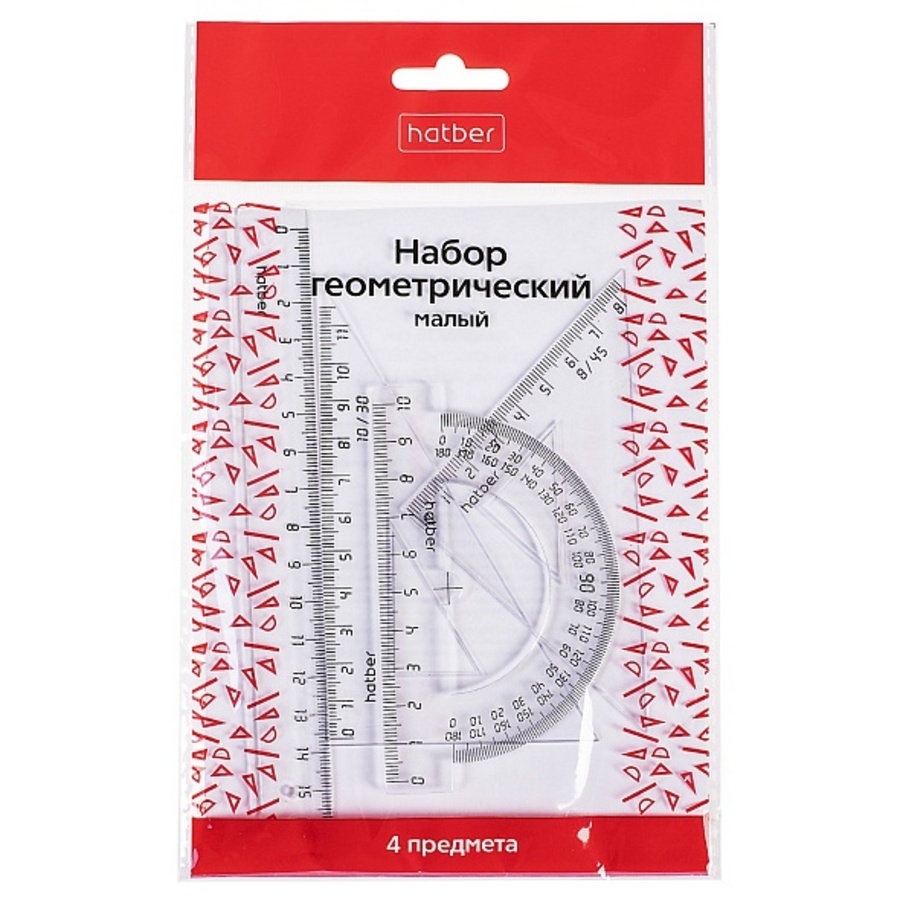 Набор геом 4пр малый линейка 16см угольник 8см 11см транспортир 180 HATBER MNn_04106 88₽