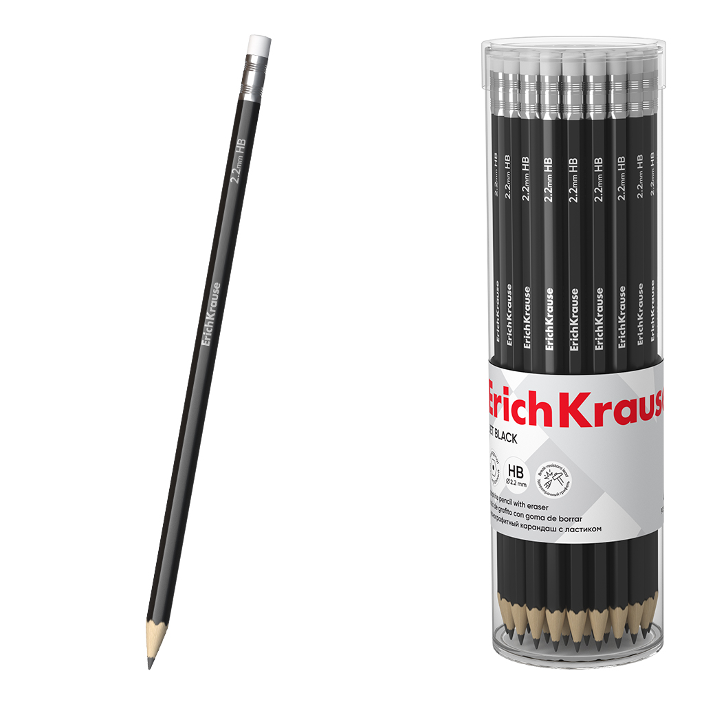 

Карандаш чернографитный HB Jet Black шестигранный дерево черный с ластиком тубус ERICH KRAUSE 45606