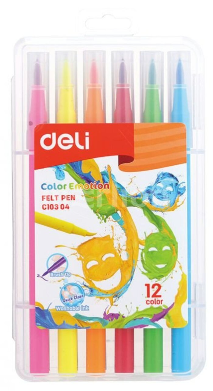 

Фломастеры 12цв круглые смываемые кистевид. наконечник пласт.пенал Color Emotion DELI EC10304