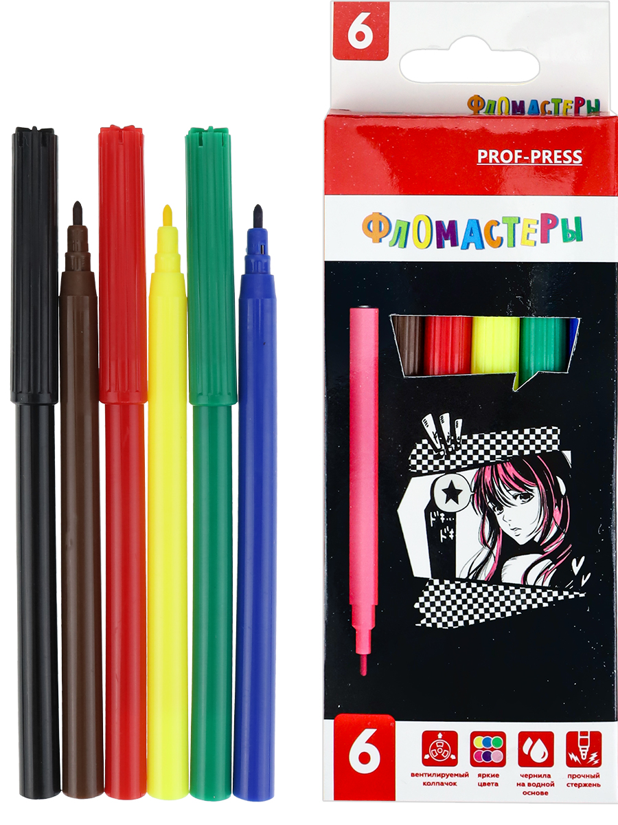 

Фломастеры 6цв круглые конусовид. вент.колпачок карт.уп. Black anime PROF-PRESS ФВ-2565