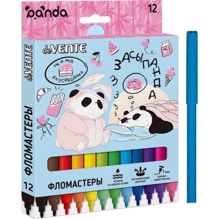 

Фломастеры 12цв круглые смываемые конусовид. вент.колпачок карт.уп. Panda deVENTE 5081127