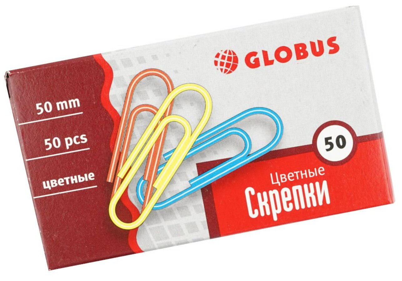 

Скрепки 50мм 50шт цветные гладкие к/к Глобус С50-50 П