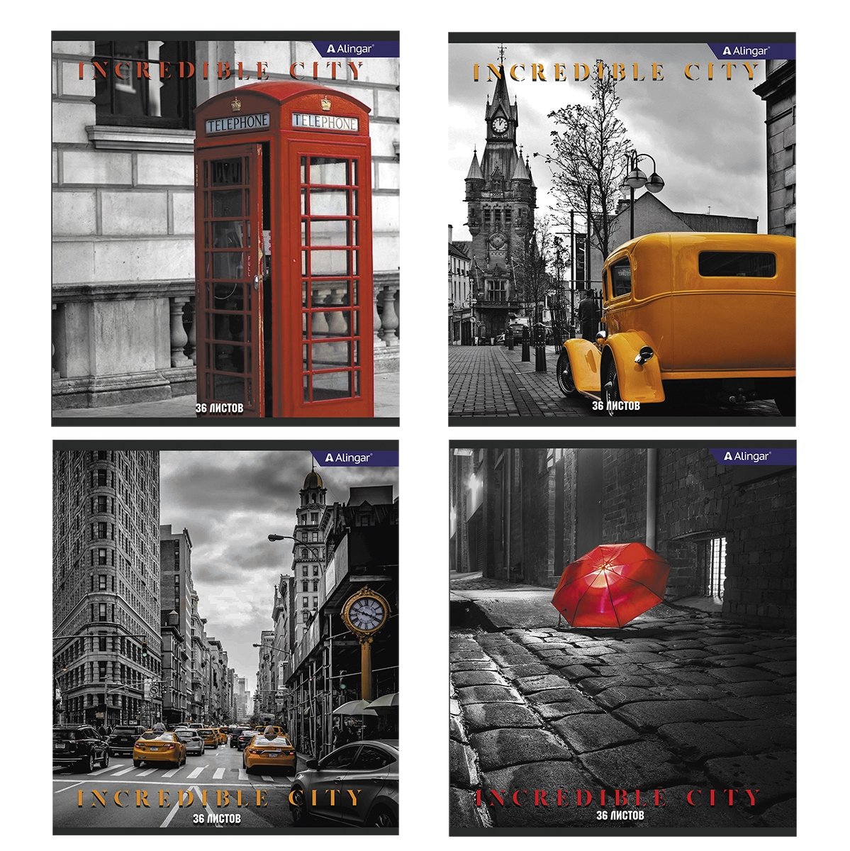 

Тетрадь А5 36л клетка скрепка мелов.картон Городские виды ассорти ALINGAR AL9904