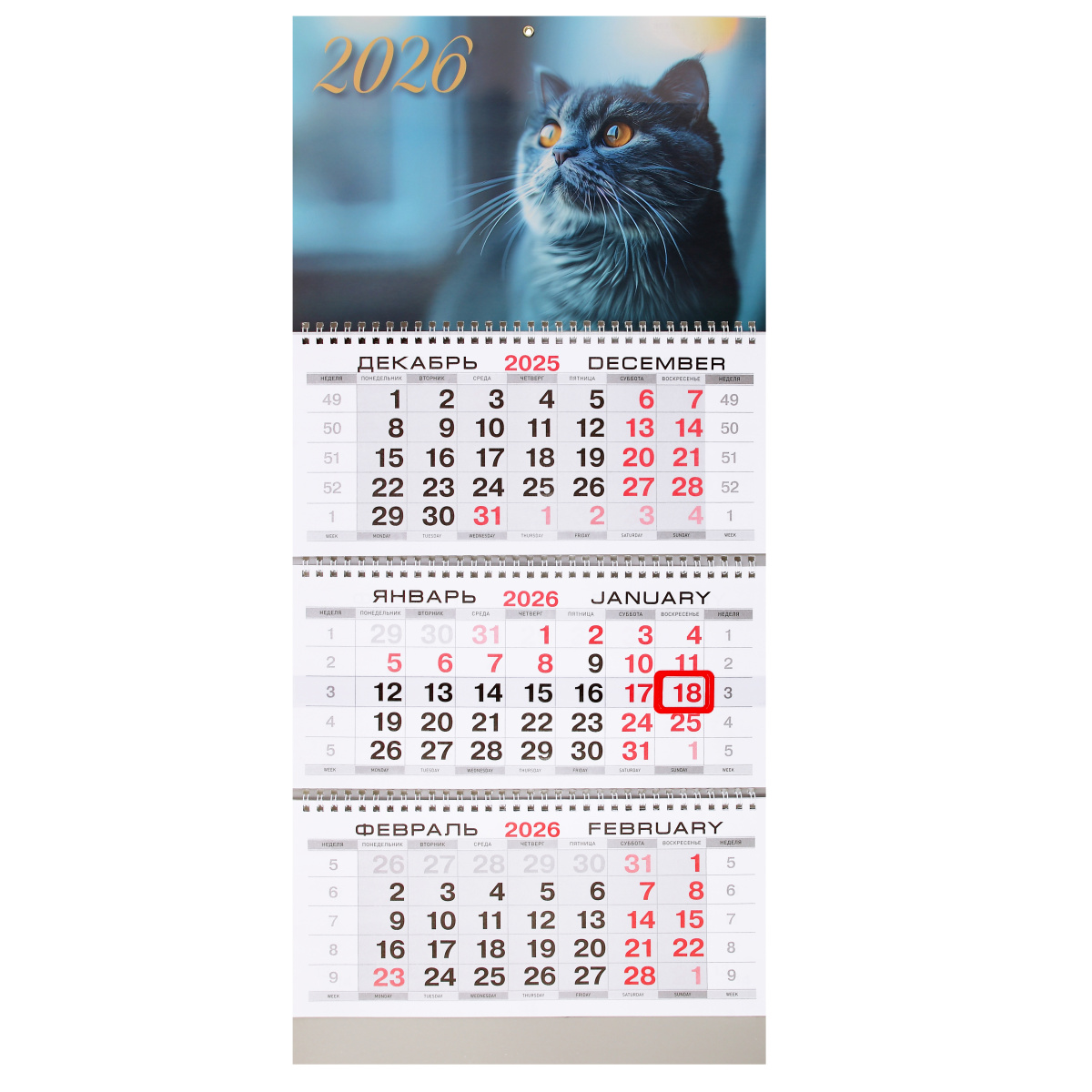 

Календарь 2026 3х-блочный 300х690мм Гребень Котик KLERK 260028