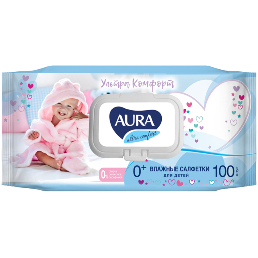 

Салфетки влажные 100шт детские Ulta comfort без спирта с алоэ клапан Aura 270362