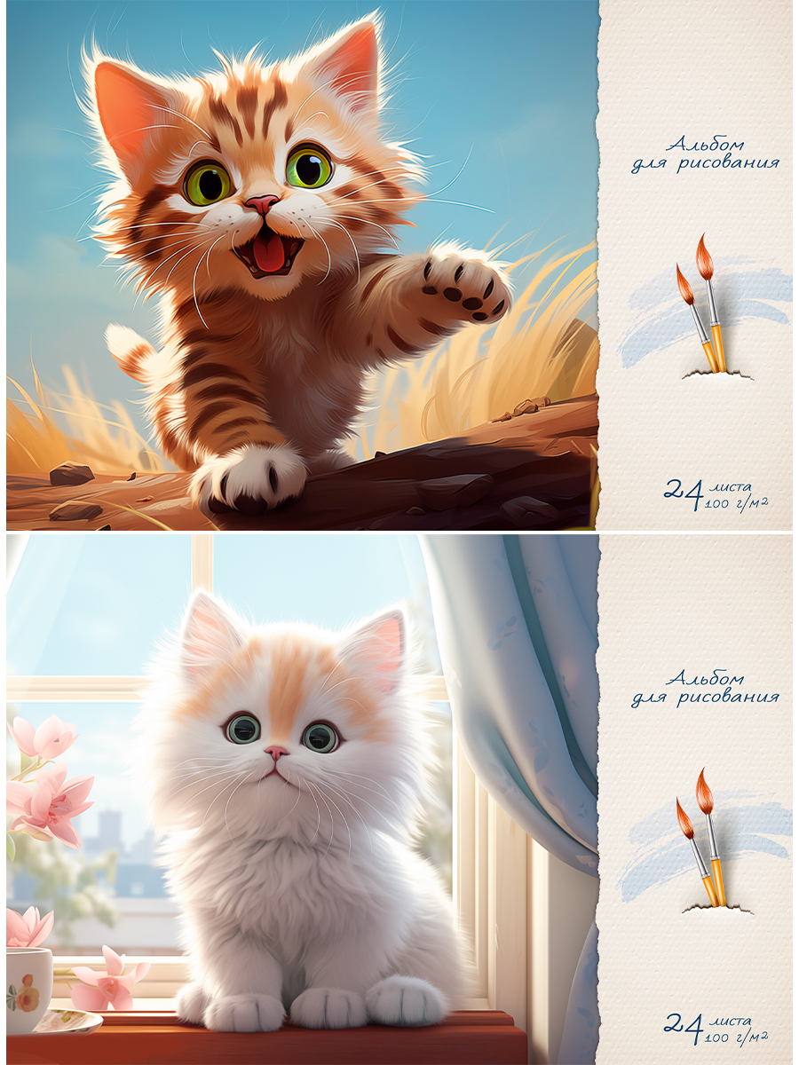 

Альбом для рисования А4 24л скрепка Пушистые котики ассорти 2 дизайна 100г/м2 PROFIT 24-7502 (жен)