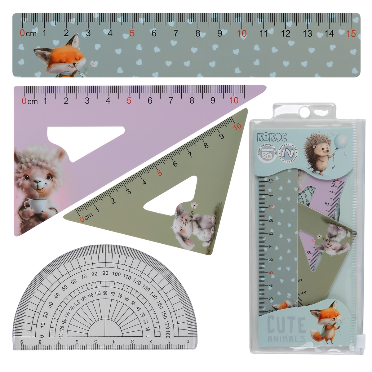 Набор геом. 4пр. малый гибкий (линейка 15см, угол. 2шт, транспортир) Cute animals 250887