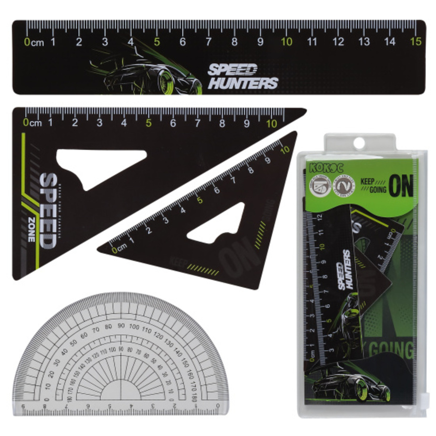 Набор геом. 4пр. малый гибкий (линейка 15см, угол 2шт, транспортир) Auto fight Кокос 250891