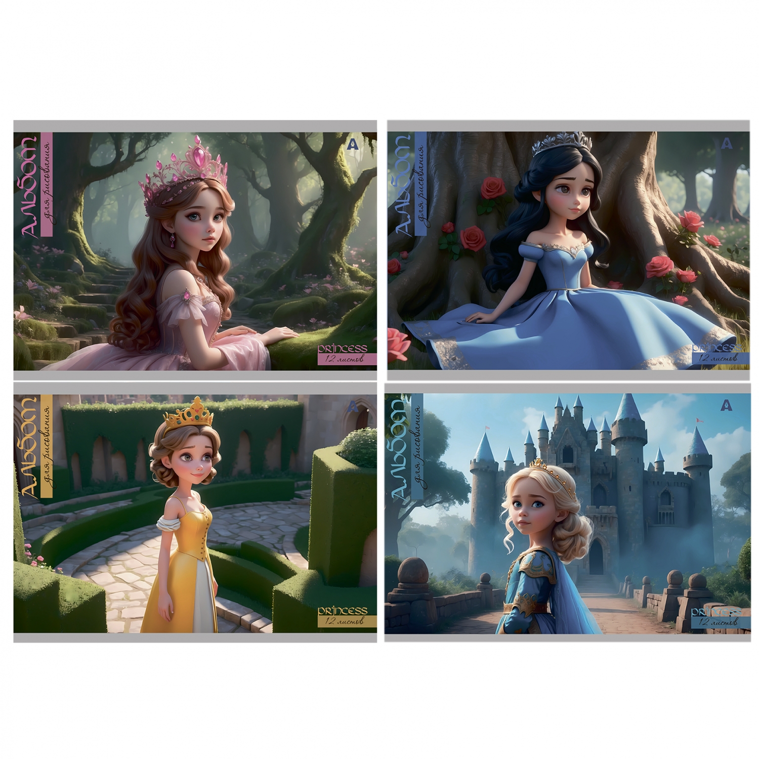 

Альбом для рисования А4 12л скрепка Принцесса у замка ассорти 100г/м2 ALINGAR AL13152 (жен)