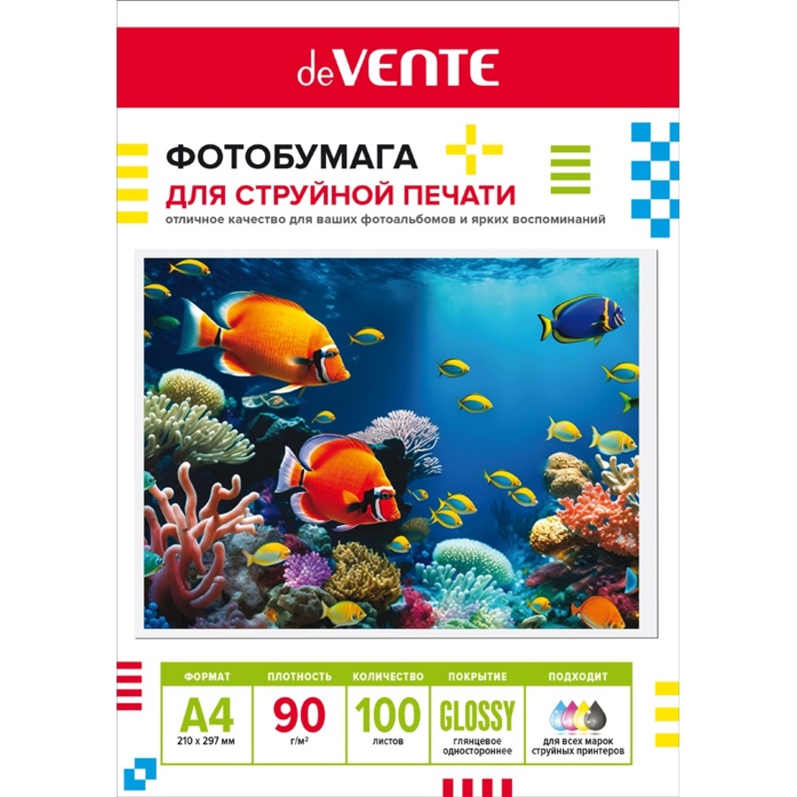 Фотобумага для струйной печати А4 100л 90гм2 глянцевая deVENTE 2042419 256₽