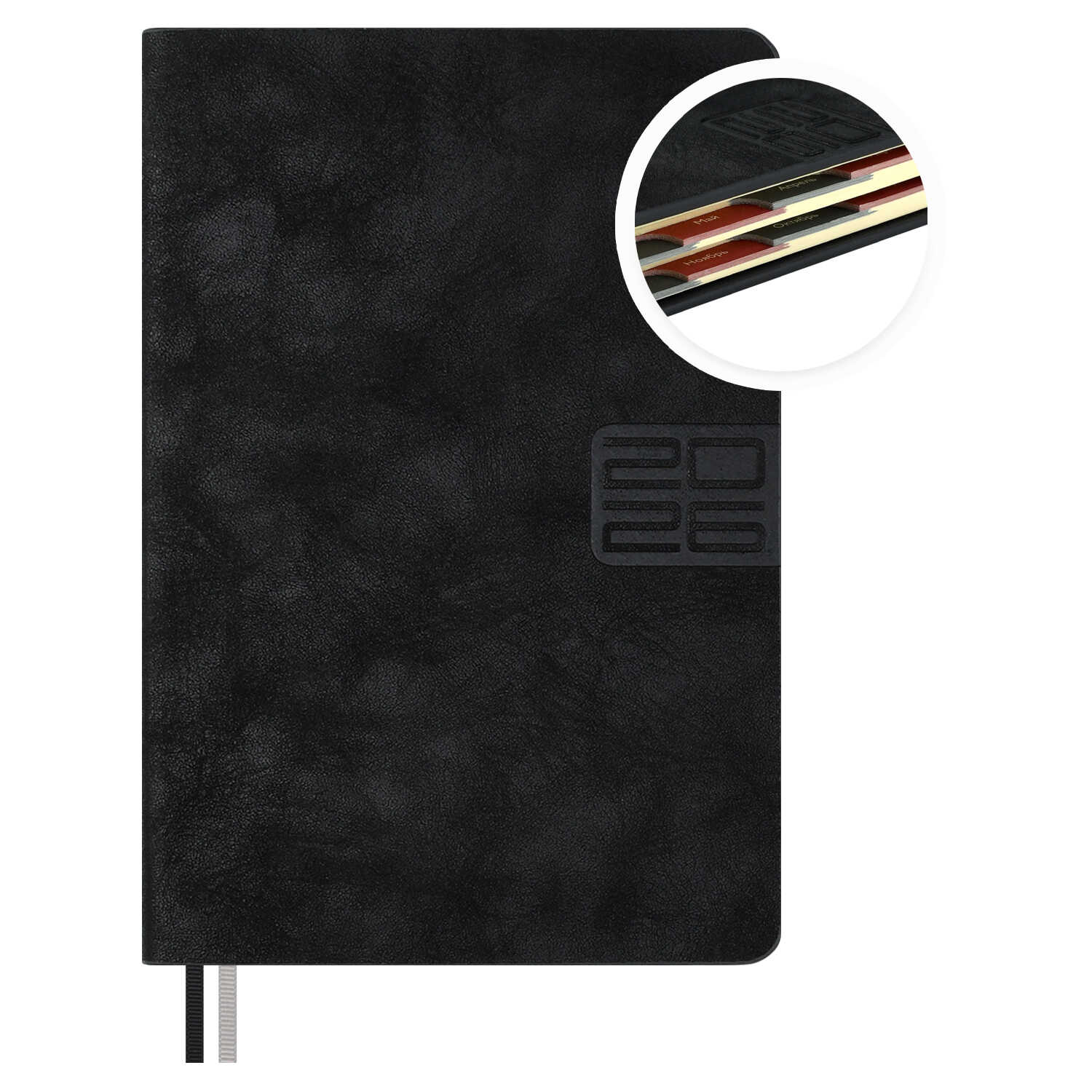 

Ежедневник А6+ 176л датир. 2026г тв.обл. Тиволи глосс черный кожзам 2 ляссе ESCALADA 70291