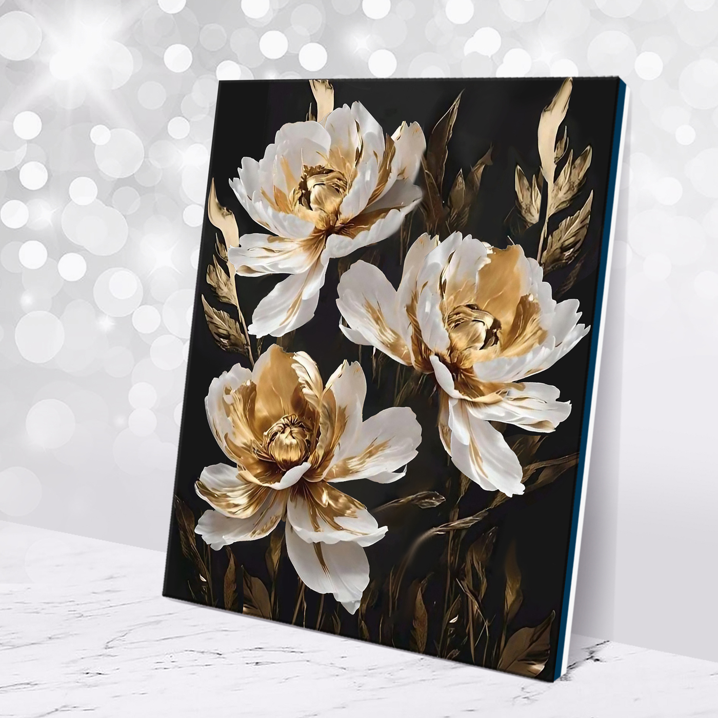 

Картина по номерам 40х50см с поталью черный холст Белые пионы на черном фоне