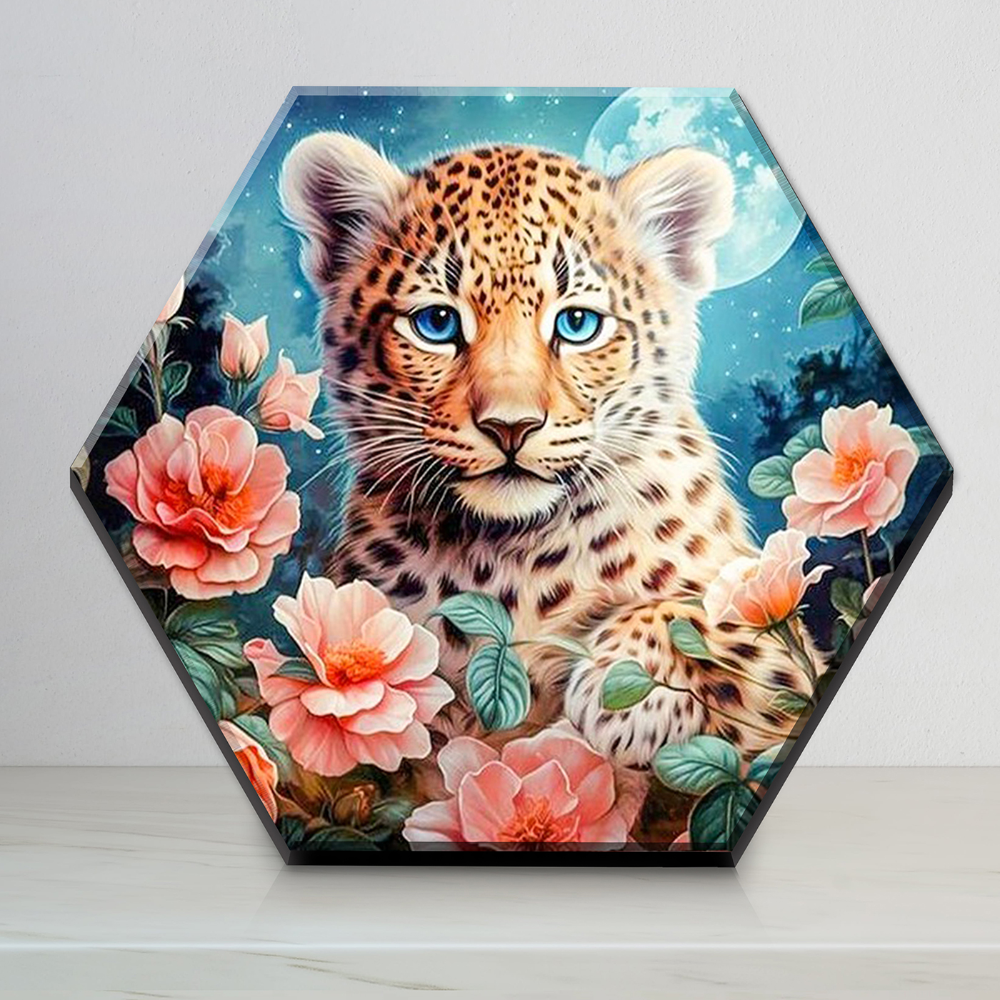 Картина по номерам 32х37см со светящ краской гексагон Милый малыш леопард в цветах 711₽