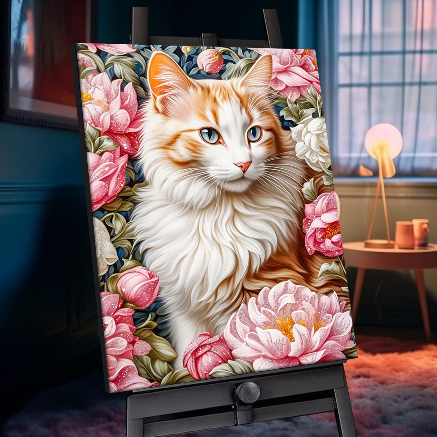 

Картина по номерам 40х50см с кристаллами из хрусталя Кошка в пионах