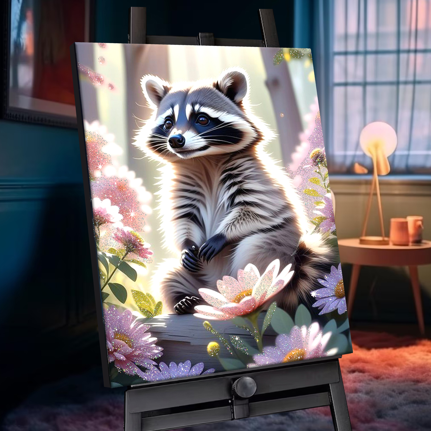 

Картина по номерам 40х50см с кристаллами из хрусталя Енот в цветах