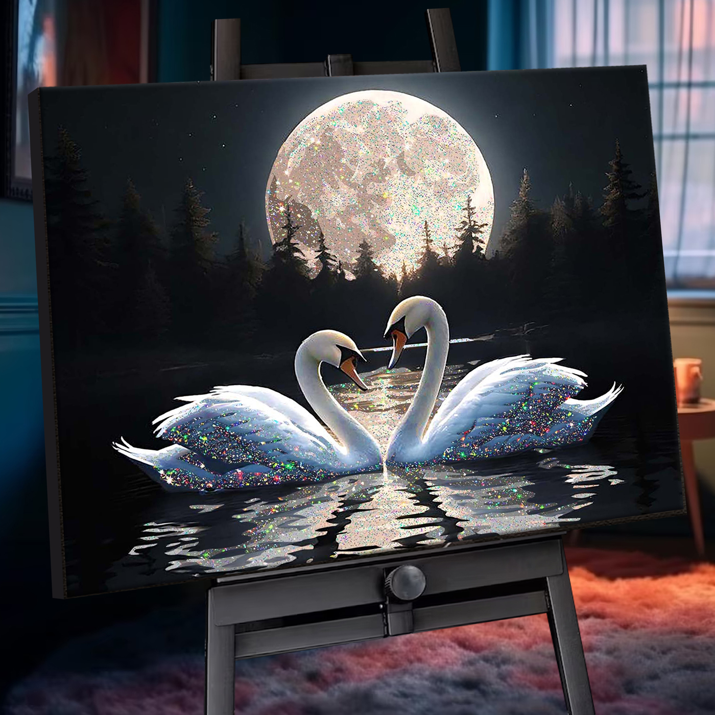 

Картина по номерам 40х50см с кристаллами из хрусталя черный холст Лебединая верность