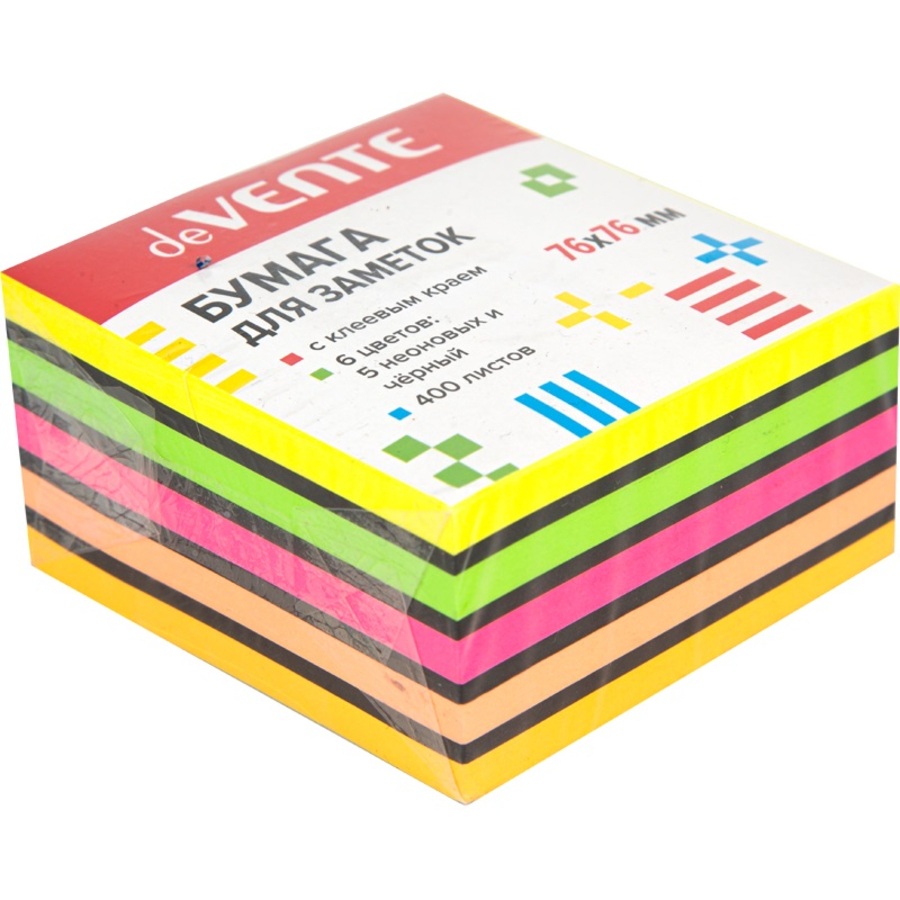 

Блок клейкий 76х76мм 400л 5цв неон + черный цвет deVENTE 2010421