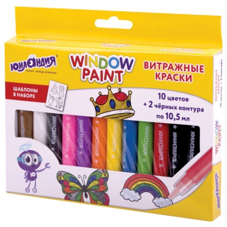 Краски витражные 11цв 105мл книга шаблонов ЮНЛАНДИЯ 191759 573₽