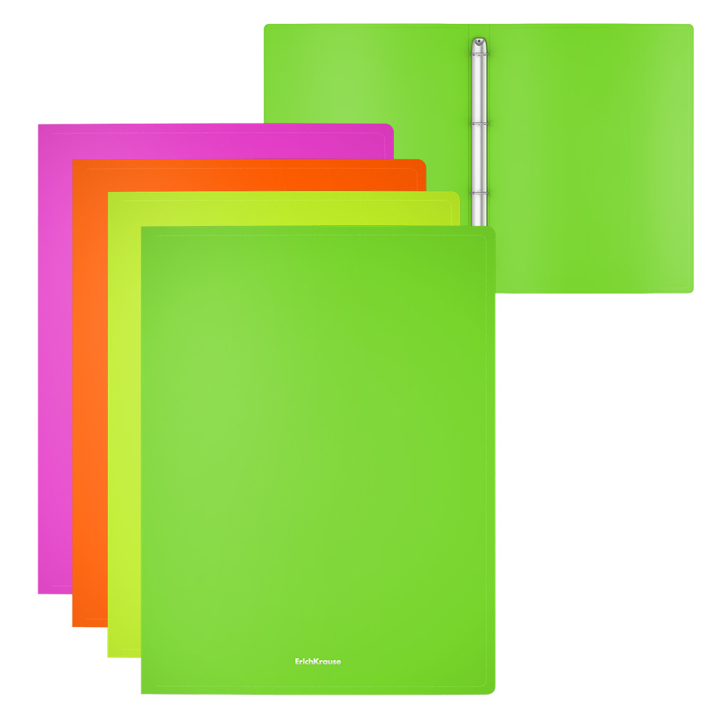 Папка 4 кольца пластик А4 торец 24мм d-16мм пл600мкм Matt Neon ассорти ERICH KRAUSE 49975 217₽