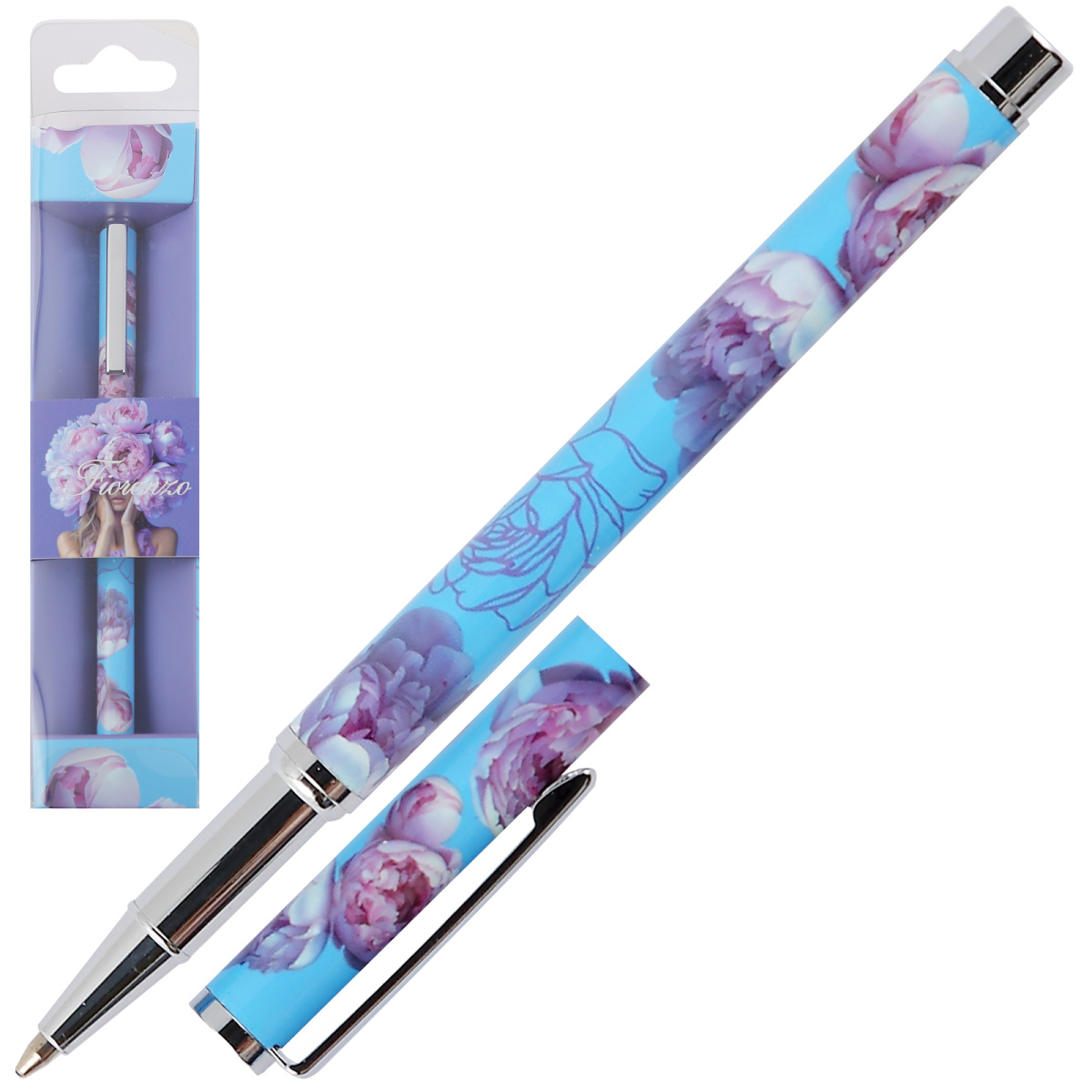 Ручка подарочная шариковая синяя 0,7мм Девушка с пионами корпус с дизайном футляр FIORENZO 253071