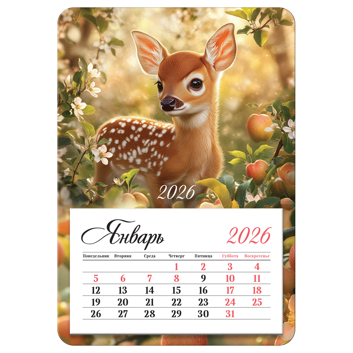 

Календарь 2026 на магните 100х140мм 12л отрывной Оленёнок BG 380895
