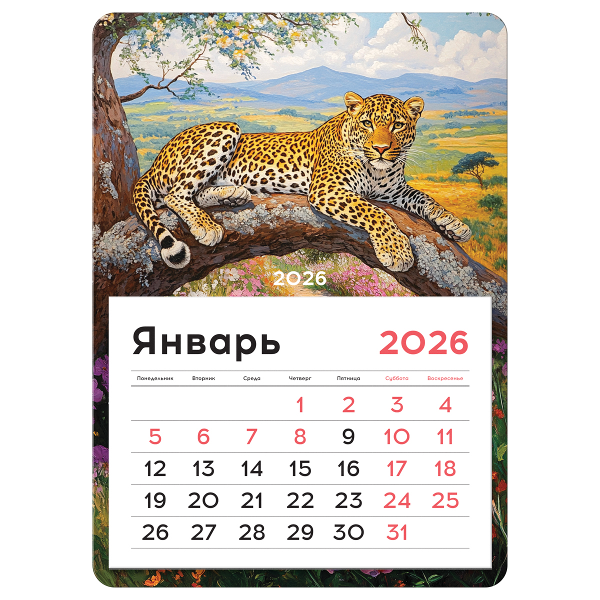 

Календарь 2026 на магните 130х180мм 12л отрывной Леопард BG 380905