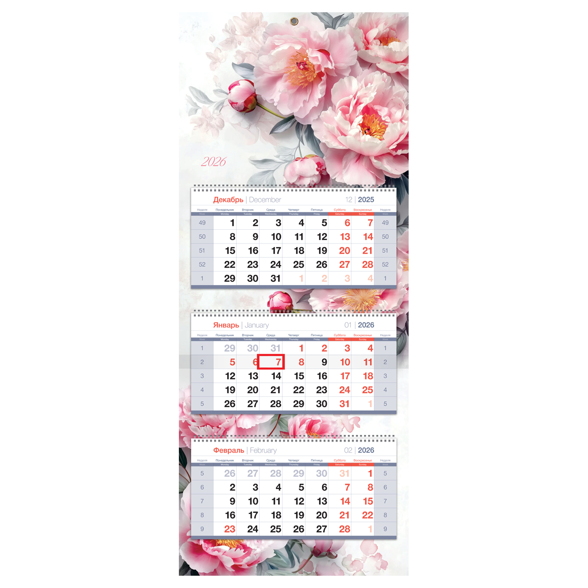

Календарь 2026 3х-блочный 330х810мм Гребень Пионы BG 380973