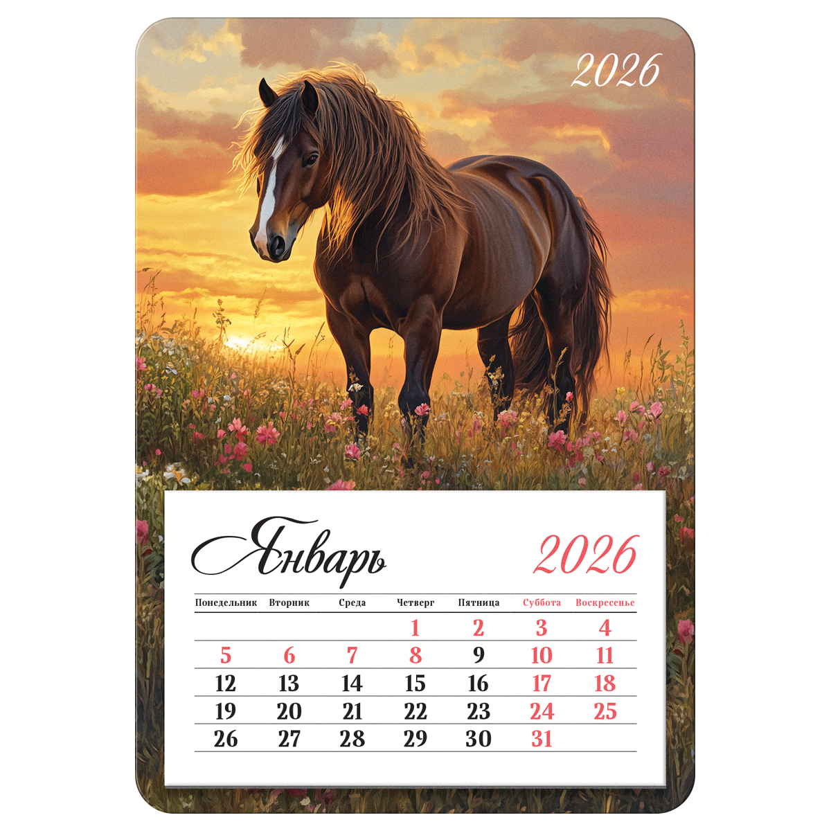 

Календарь 2026 на магните 100х140мм 12л отрывной Лошадь на закате BG 380894