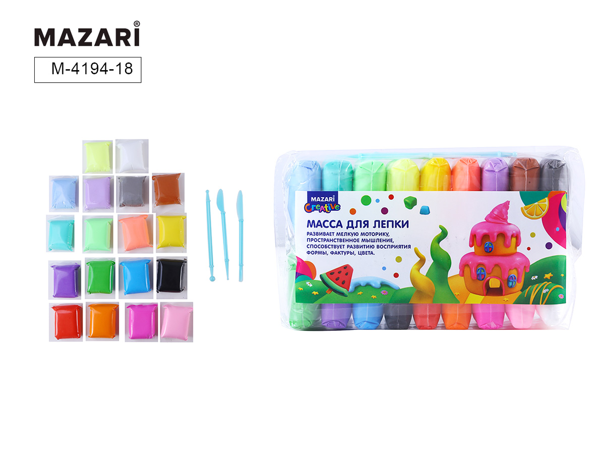 Пластилин 18цв 234г Суперлегкий 3 стека MAZARI M-4194-18 138₽