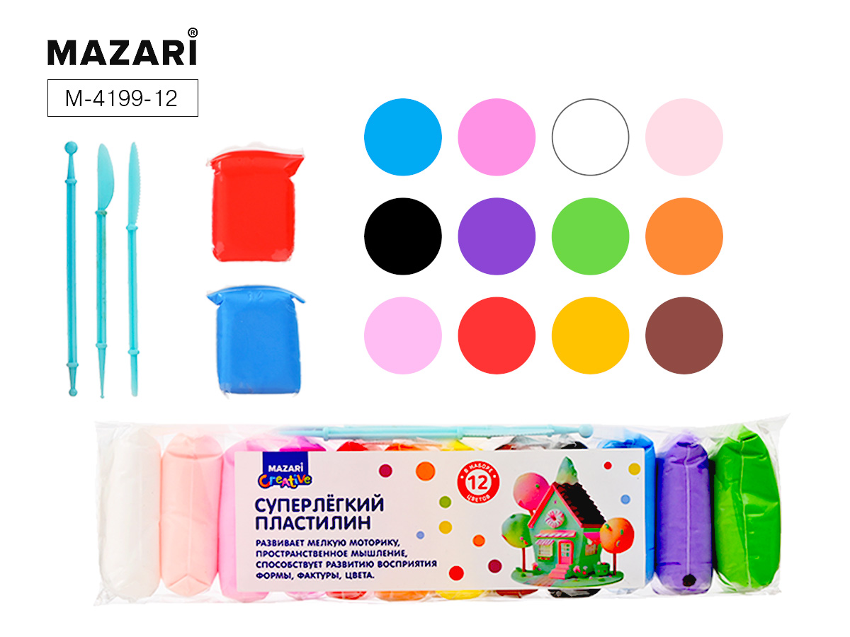 Пластилин 12цв 156г Суперлегкий 3 стека MAZARI M-4199-12