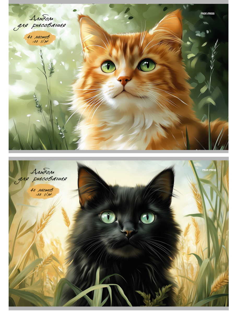 Альбом для рисования А4 40л скрепка Котики в траве 2 диз 100гм2 PROF-PRESS А40-8230 уни 88₽