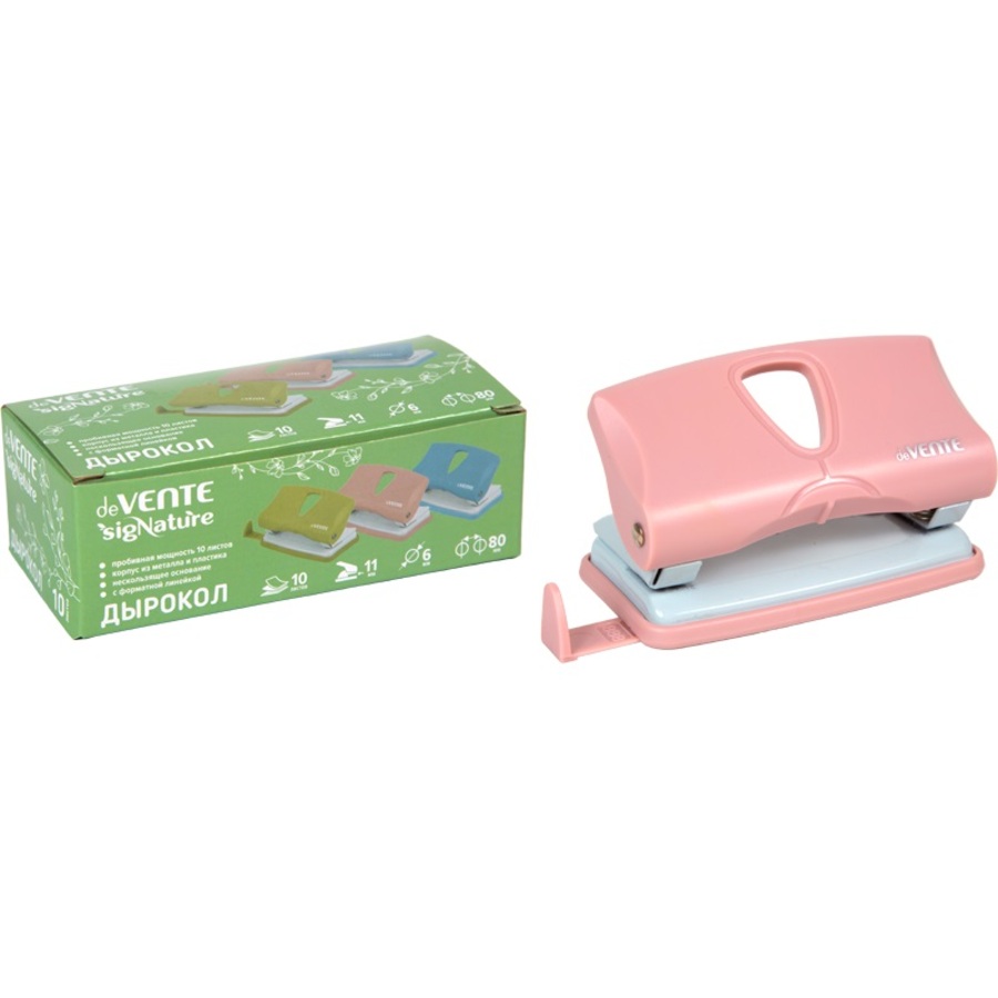Дырокол 10л пластик sigNATURE пудрово-розовый с линейкой deVENTE 4020510 142₽