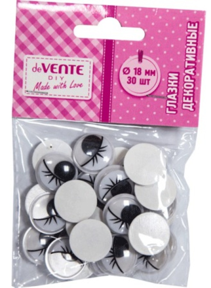 Глазки d18мм 30шт с ресничками черно-белые самоклеящиеся deVENTE 8001313 74₽