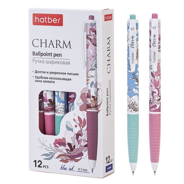 Ручка шариковая автоматическая синяя 07мм Charm маслосн резиндерж ассорти HATBER BP_078451 41₽
