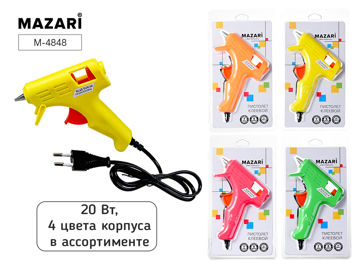 Пистолет клеевой d-7мм 20Вт ассорти блистер MAZARI M-4848 267₽
