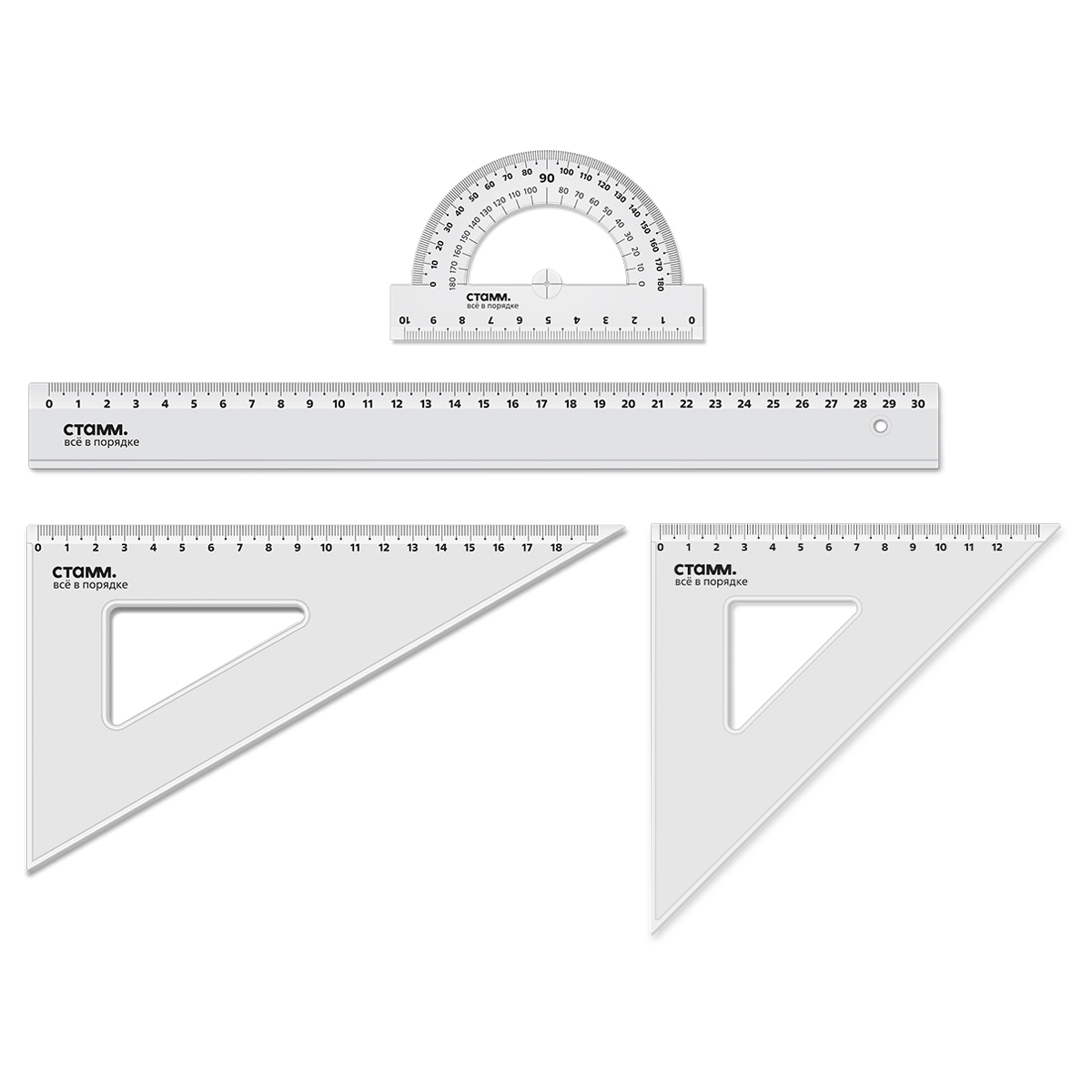 Набор геом 4пр большой линейка 30см угольник 2шт транспортир прозрачный СТАММ НЧ-31447 110₽