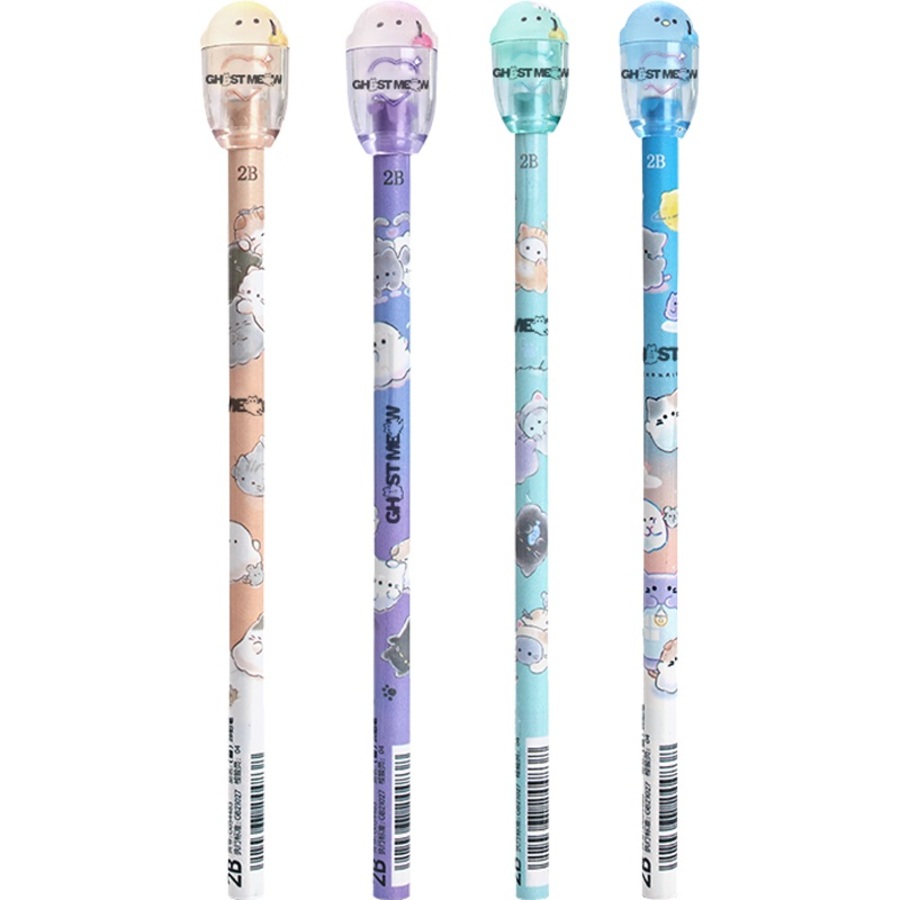 Карандаш чернографитный 2B Ghost Meow круглый дерево с ластиком ассорти deVENTE 5032515 38₽